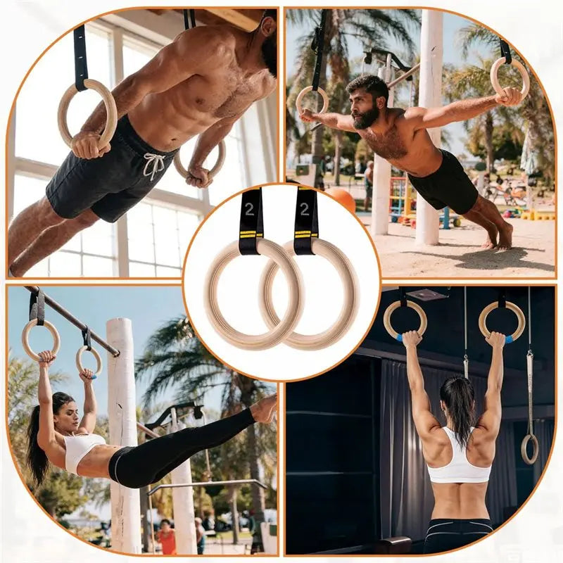 Wooden Gymnastic Rings with Numbered Straps