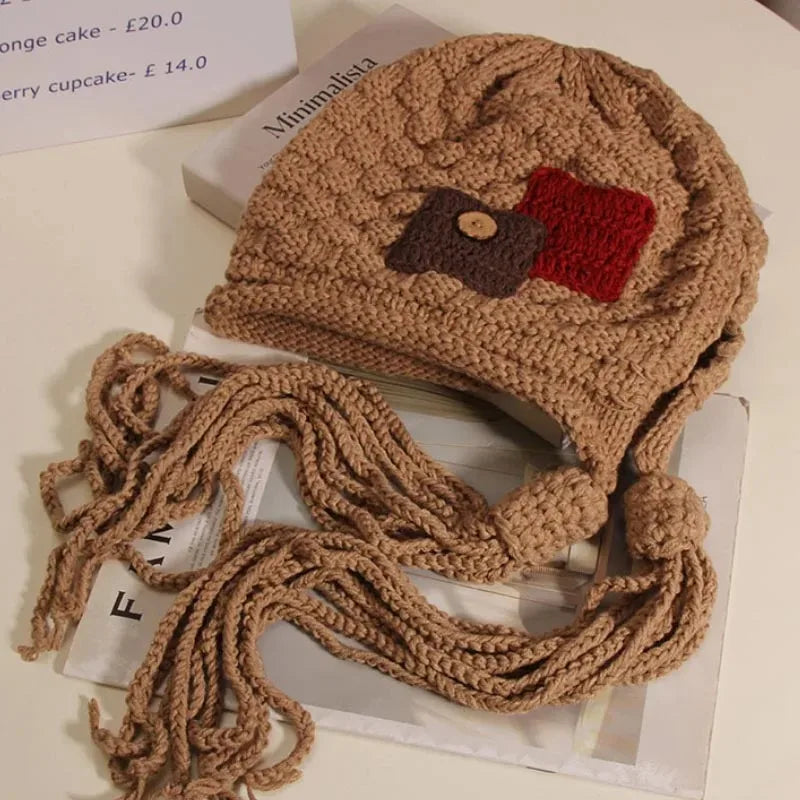 Winter Hat Warm Knit Beanie with Handmade Crocheted Tassel