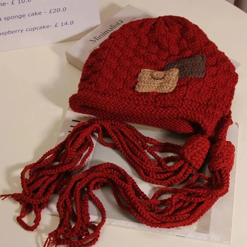 Winter Hat Warm Knit Beanie with Handmade Crocheted Tassel